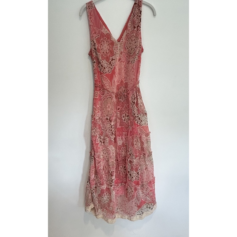 Believe‎ Ladies Boho Resort Midi Dress Sz 10 Floral Print Belted With Slip Coral